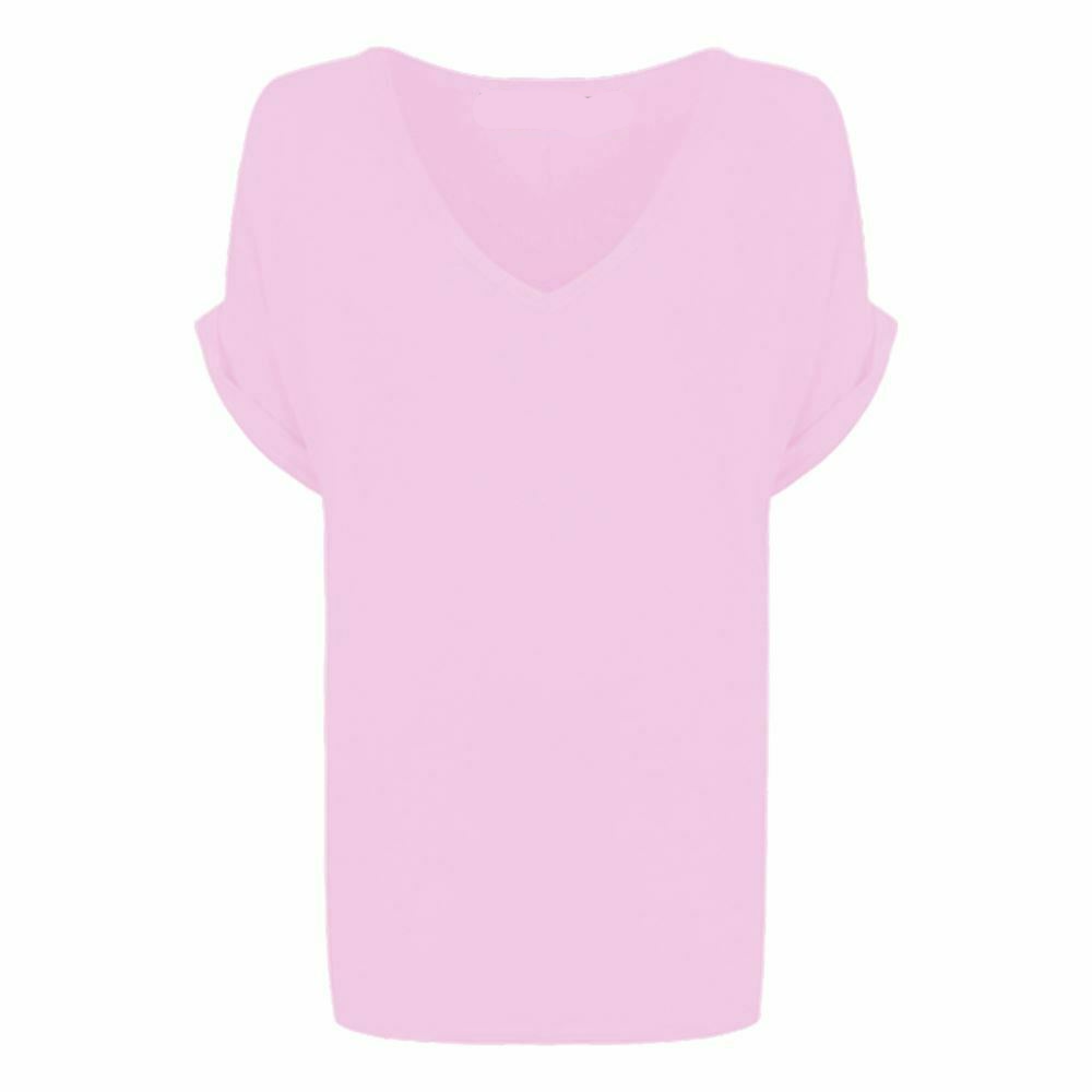 Ladies V Neck Oversize Baggy Loose Fit Batwing Sleeve T-Shirt Top Turn Up