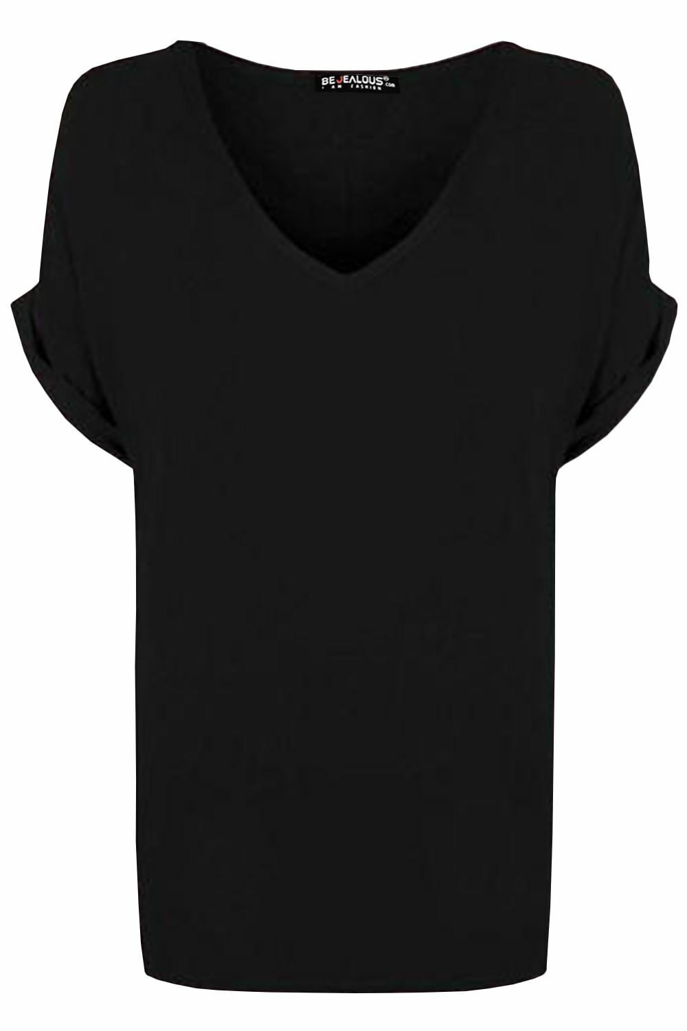 Ladies V Neck Oversize Baggy Loose Fit Batwing Sleeve T-Shirt Top Turn Up