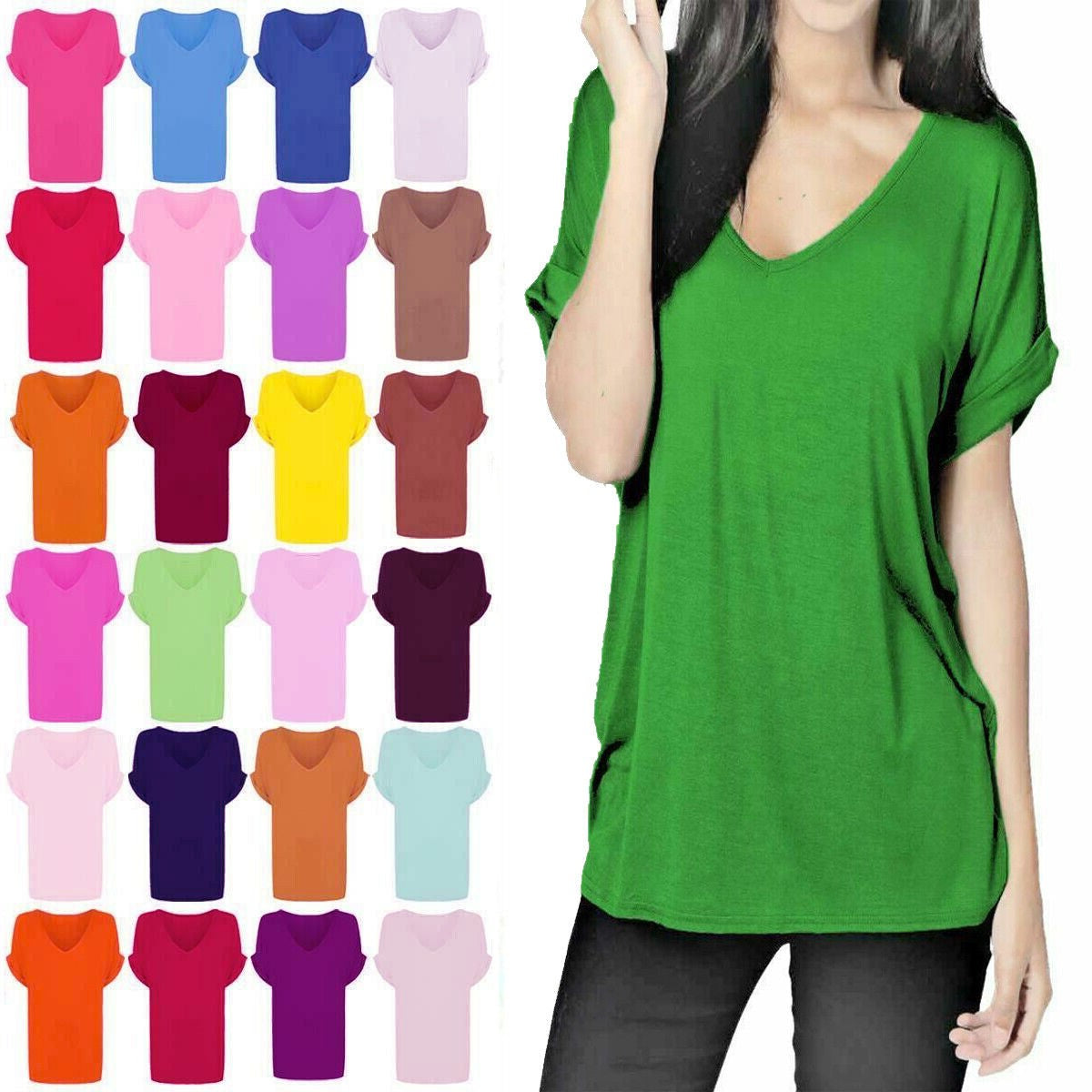 Ladies V Neck Oversize Baggy Loose Fit Batwing Sleeve T-Shirt Top Turn Up