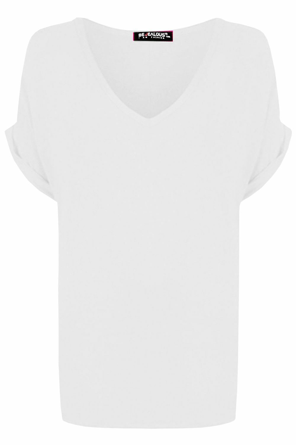 Ladies V Neck Oversize Baggy Loose Fit Batwing Sleeve T-Shirt Top Turn Up
