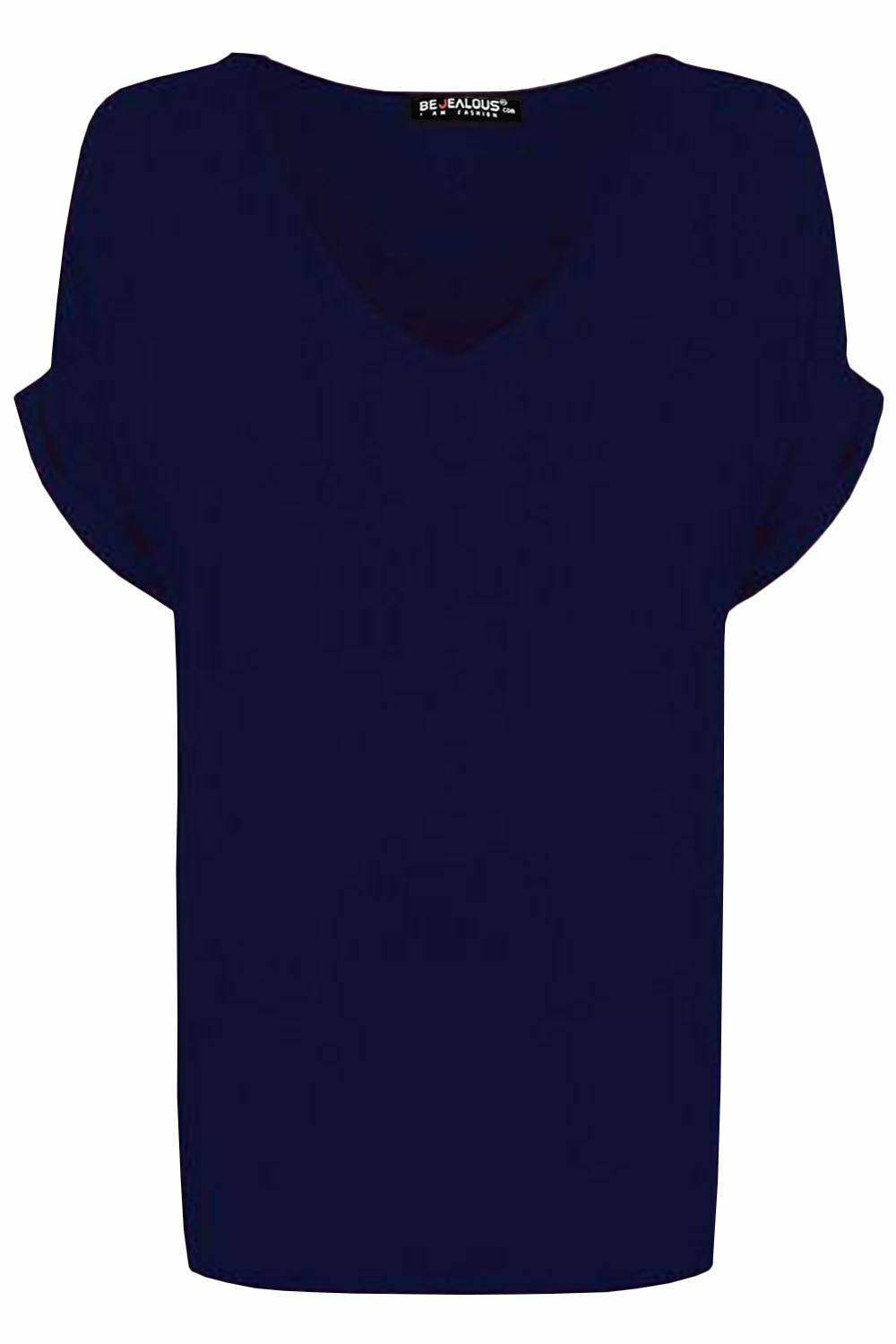 Ladies V Neck Oversize Baggy Loose Fit Batwing Sleeve T-Shirt Top Turn Up