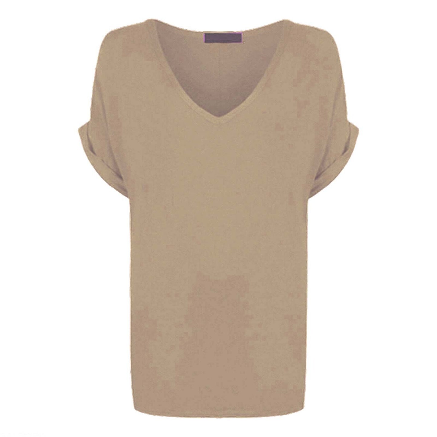 Ladies V Neck Oversize Baggy Loose Fit Batwing Sleeve T-Shirt Top Turn Up