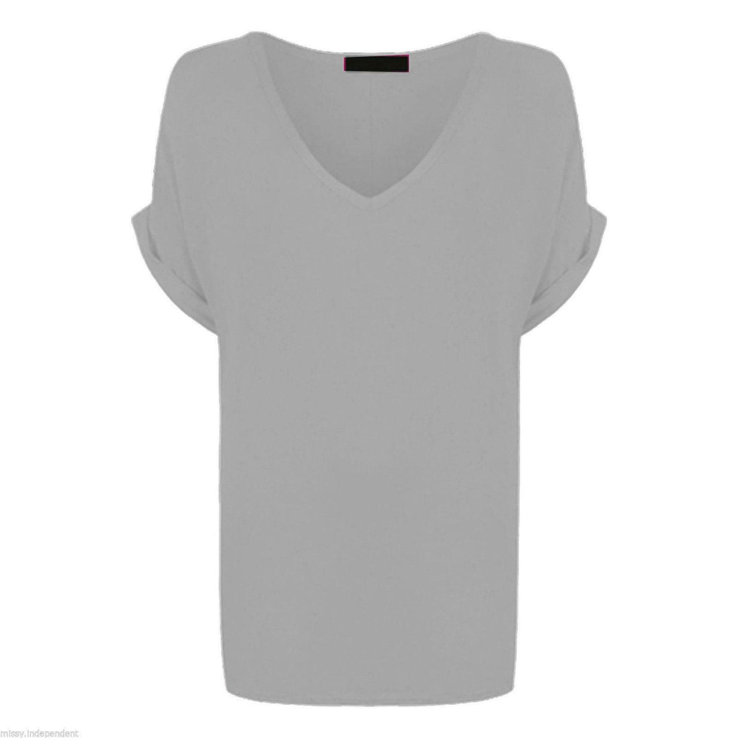 Ladies V Neck Oversize Baggy Loose Fit Batwing Sleeve T-Shirt Top Turn Up