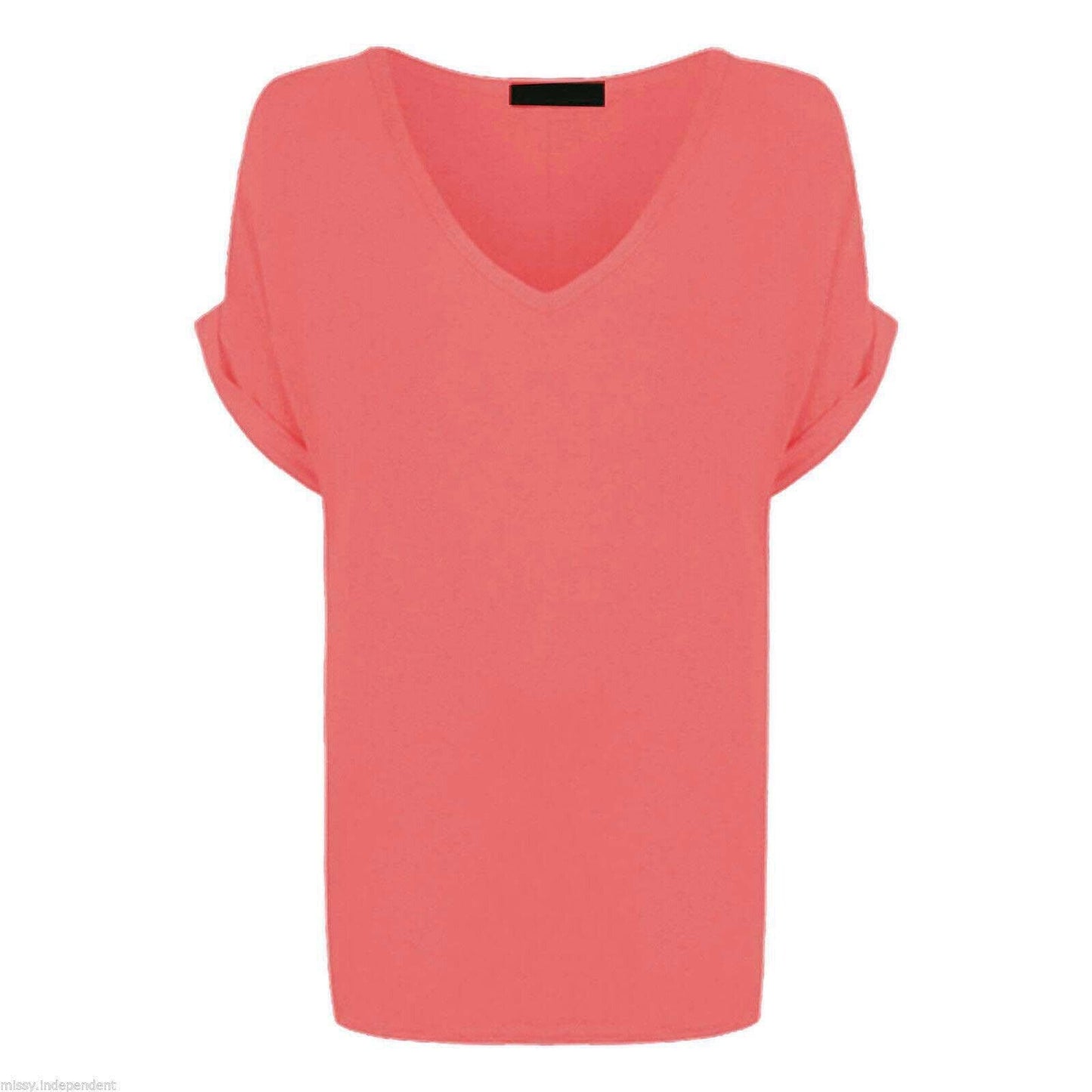 Ladies V Neck Oversize Baggy Loose Fit Batwing Sleeve T-Shirt Top Turn Up