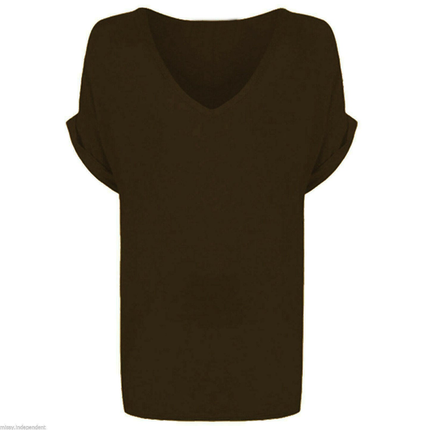 Ladies V Neck Oversize Baggy Loose Fit Batwing Sleeve T-Shirt Top Turn Up