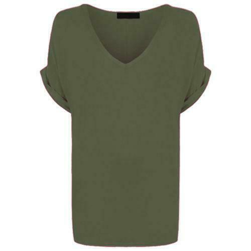 Ladies V Neck Oversize Baggy Loose Fit Batwing Sleeve T-Shirt Top Turn Up