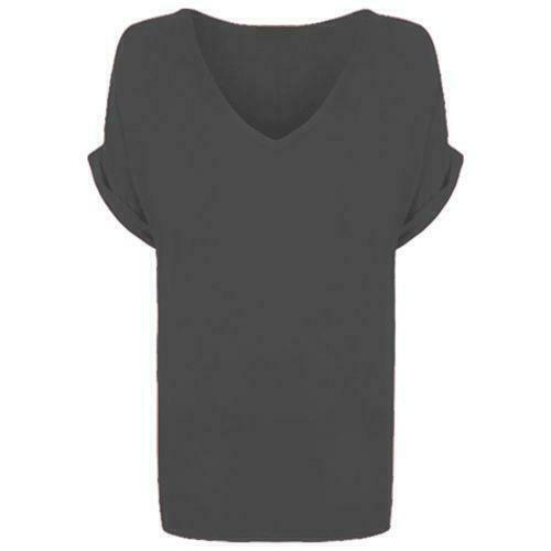 Ladies V Neck Oversize Baggy Loose Fit Batwing Sleeve T-Shirt Top Turn Up