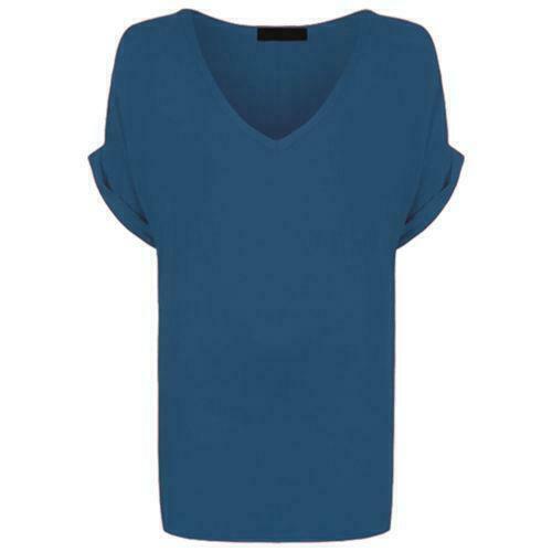 Ladies V Neck Oversize Baggy Loose Fit Batwing Sleeve T-Shirt Top Turn Up