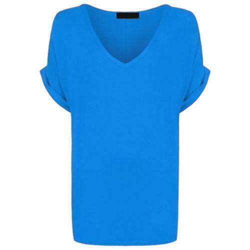 Ladies V Neck Oversize Baggy Loose Fit Batwing Sleeve T-Shirt Top Turn Up