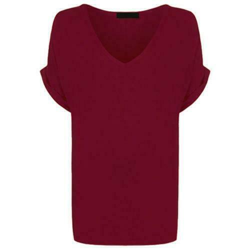 Ladies V Neck Oversize Baggy Loose Fit Batwing Sleeve T-Shirt Top Turn Up