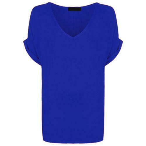 Ladies V Neck Oversize Baggy Loose Fit Batwing Sleeve T-Shirt Top Turn Up