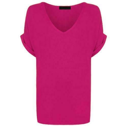 Ladies V Neck Oversize Baggy Loose Fit Batwing Sleeve T-Shirt Top Turn Up