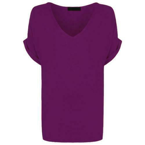 Ladies V Neck Oversize Baggy Loose Fit Batwing Sleeve T-Shirt Top Turn Up